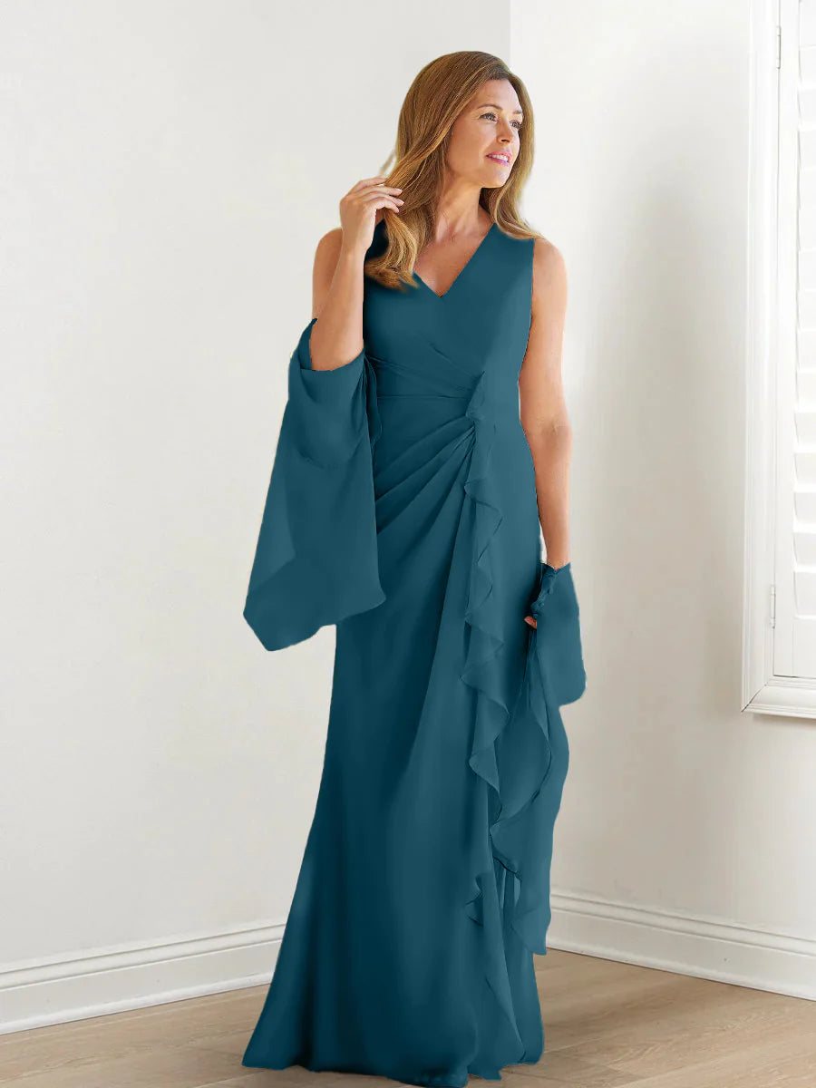 Abito da madre della sposa con body avvolgente/colonna, senza maniche, scollo a V